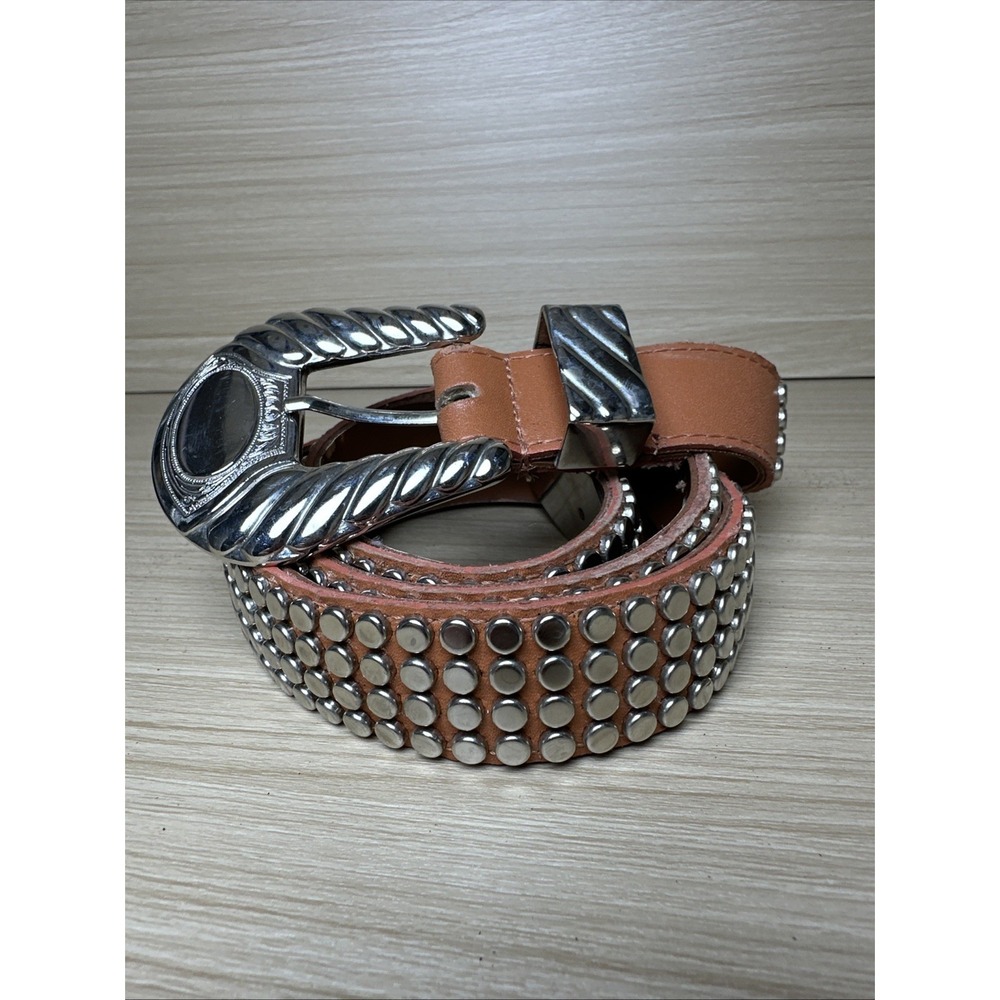 Vintage Statement Belt Womens A. Taylor Tan Silver Buckle Medium Studded